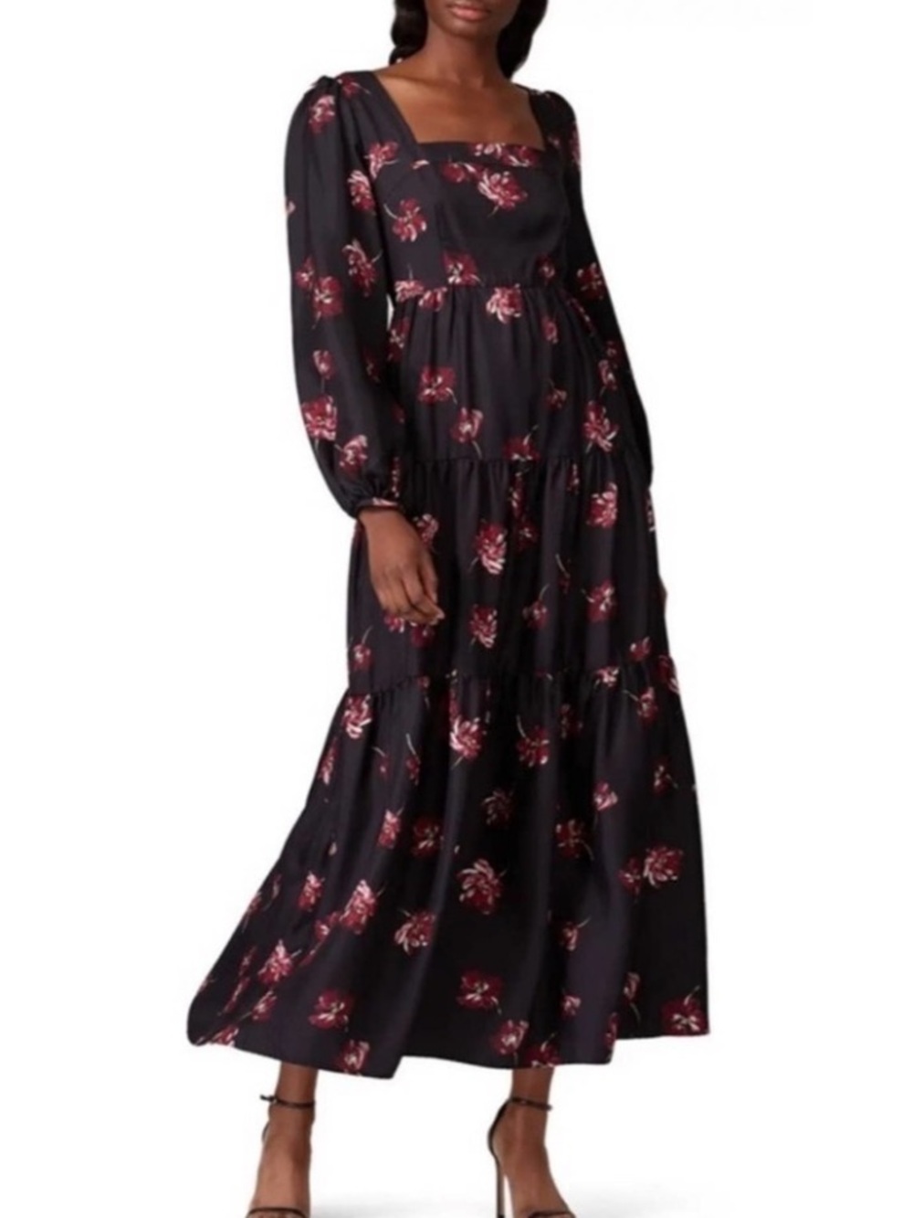 NICHOLAS Black Floral Silk Maxi Dress with Pink Floral Print Size 8